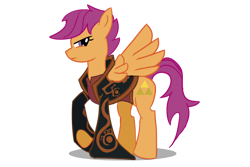 Size: 1080x720 | Tagged: safe, artist:undead-niklos, character:scootaloo, species:pegasus, species:pony, frown, ganondorf, glare, looking at you, nintendo, raised hoof, simple background, spread wings, standing, the legend of zelda, the legend of zelda: the wind waker, triforce, triforce of power, wings
