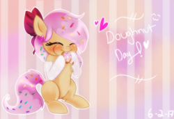 Size: 1055x720 | Tagged: safe, artist:starchasesketches, oc, oc only, oc:doughnutsprinkles, species:earth pony, species:pony, blushing, cute, donut, donut day, ear piercing, earring, eating, food, jewelry, mouth hold, nom, piercing, ribbon, solo, sprinkles