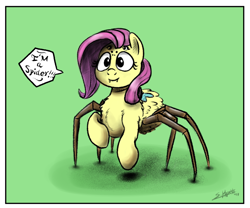 Size: 1200x1000 | Tagged: safe, artist:silverhopexiii, character:fluttershy, comic:children of everfree, chest fluff, cute, dialogue, fangs, female, fluffy, green background, monster pony, multiple eyes, original species, simple background, solo, species swap, speech bubble, spiderpony, spidershy