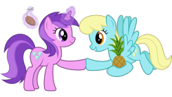 Size: 5760x3240 | Tagged: safe, artist:sollace, artist:timeymarey007, character:amethyst star, character:sassaflash, character:sparkler, species:pegasus, species:pony, species:unicorn, episode:trade ya, g4, my little pony: friendship is magic, .svg available, absurd resolution, cute, female, flying, food, magic, mare, pineapple, potato, side view, simple background, that pony sure does love pineapples, trading, transparent background, vector