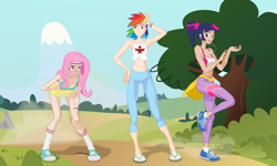 Size: 1600x960 | Tagged: safe, artist:bipole, character:fluttershy, character:rainbow dash, character:twilight sparkle, belly button, cleavage, clothing, converse, exercise, female, headband, humanized, midriff, panties, shoes, shorts, sneakers, socks, spandex, sports bra, underwear, vector, wristband