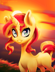 Size: 1451x1900 | Tagged: safe, artist:thegraid, character:sunset shimmer, species:pony, cloud, female, looking at you, ocean, smiling, solo, sunset, water