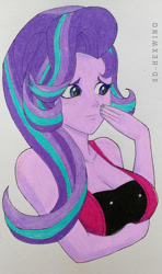 Size: 532x900 | Tagged: safe, artist:silver-wingx, character:starlight glimmer, my little pony:equestria girls, big breasts, breasts, busty starlight glimmer, cleavage, clothing, female, nail polish, simple background, smiling, solo, sports bra, traditional art
