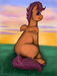 Size: 600x800 | Tagged: safe, artist:graffiti, character:scootaloo, species:pony, female, sitting, solo, sunset