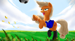 Size: 4200x2300 | Tagged: safe, artist:j24262756, character:applejack, species:pony, absurd resolution, clothing, female, football, grass, hatless, jersey, jha, kicking, leaves, missing accessory, rearing, socks, solo, sweat, windswept mane
