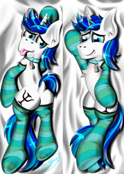 Size: 4000x5600 | Tagged: safe, artist:raptorpwn3, oc, oc only, oc:psi, species:pony, species:unicorn, absurd resolution, bedroom eyes, bedsheets, body pillow, body pillow design, butt, clothing, collar, cute, dog tags, lewd, lying down, male, on back, pet tag, plot, prone, rear view, socks, solo, stallion, striped socks, thigh highs, tongue out