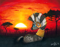 Size: 900x707 | Tagged: safe, artist:fallenzephyr, character:zecora, female, silhouette, solo, sunset, traditional art