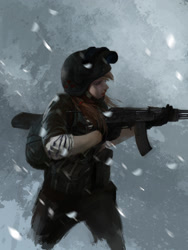 Size: 1800x2400 | Tagged: safe, artist:tiger-type, character:applejack, species:human, abstract background, ak-74, backpack, battlefield, clothing, female, gun, helmet, humanized, k6-3, realistic, snow, soldier, solo, uniform, weapon