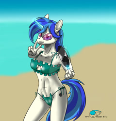 Size: 1024x1070 | Tagged: safe, alternate version, artist:thunderblitz1, character:dj pon-3, character:vinyl scratch, species:anthro, abs, armpits, beach, belly button, bikini, boob window, bra, cat keyhole bra set, cat lingerie, clothing, female, glowing horn, peace sign, solo, swimsuit, underwear, watermark