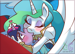 Size: 792x566 | Tagged: safe, artist:toongrowner, character:princess celestia, character:twilight sparkle, species:anthro, ship:twilestia, blushing, clothing, eyes closed, female, heart, kissing, lesbian, shipping, uniform