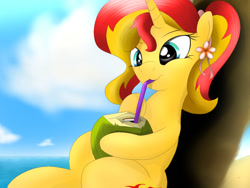 Size: 1024x768 | Tagged: safe, artist:fotasy, character:sunset shimmer, species:pony, species:unicorn, against tree, coconut, coconut cup, cute, drinking, female, food, mare, sipping, solo, straw