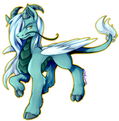 Size: 1114x1136 | Tagged: safe, artist:dogi-crimson, oc, oc only, oc:aeolus, species:kirin, species:pony, cloven hooves, horns, long mane, male, outline, ram horns, scaled underbelly, scowl, simple background, solo, transparent background, whiskers, wings