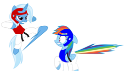 Size: 1748x1000 | Tagged: safe, anonymous artist, character:rainbow dash, character:trixie, species:pegasus, species:pony, species:unicorn, black belt, female, fight, kicking, mare, martial arts, simple background, taekwondo, this will end in pain, white background