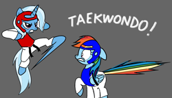 Size: 1748x1000 | Tagged: safe, anonymous artist, character:rainbow dash, character:trixie, species:pegasus, species:pony, species:unicorn, black belt, chest guard, clothing, duo, female, fight, get, gi, gray background, headgear, index get, kick, mare, martial arts, robe, simple background, taekwondo, this will end in pain, trousers