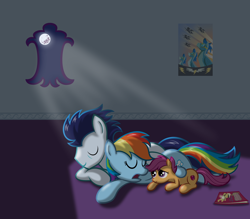 Size: 1600x1400 | Tagged: safe, artist:rebron-y, character:rainbow dash, character:scootaloo, character:soarin', species:pegasus, species:pony, ship:soarindash, female, filly, male, mare, moon, moonlight, night, prone, scootalove, shipping, sleeping, stallion, straight, window, wonderbolts poster