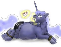 Size: 956x737 | Tagged: safe, artist:defenceless, character:princess luna, belly, bondage, cake, fat, food, force feeding, princess moonpig, story in the source, stuffing, weight gain