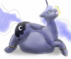 Size: 652x536 | Tagged: safe, artist:defenceless, character:princess luna, belly, bondage, cake, fat, food, force feeding, story in the source, stuffing, weight gain