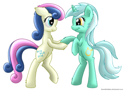 Size: 1500x1105 | Tagged: safe, artist:smockhobbes, character:bon bon, character:lyra heartstrings, character:sweetie drops, species:earth pony, species:pony, species:unicorn, bipedal, eye contact, female, fluffy, holding hooves, looking at each other, mare, simple background, smiling, transparent background
