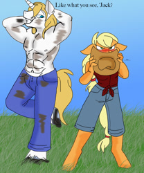 Size: 750x900 | Tagged: safe, artist:zee-stitch, character:applejack, character:prince blueblood, species:anthro, species:unguligrade anthro, ship:bluejack, arm behind head, bluejack, blushing, clothing, dirty, female, floppy ears, grin, hat, jeans, male, pants, partial nudity, shipping, shirt, smiling, straight, topless, unamused, unshorn fetlocks
