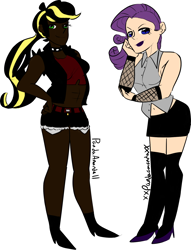 Size: 1206x1576 | Tagged: safe, artist:pandaamanda11, character:applejack, character:rarity, species:human, abs, alternate hairstyle, belly button, belt, boots, choker, clothing, dark skin, duo, dyed mane, ear piercing, earring, female, fishnet clothing, goth, hair dye, high heel boots, high heels, humanized, jewelry, lipstick, makeup, midriff, miniskirt, piercing, punk, shoes, shorts, sidecut, simple background, skirt, sleeveless, socks, spiked choker, stockings, thigh highs, tube top, undercut, white background, zettai ryouiki