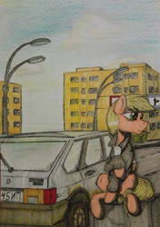 Size: 730x1037 | Tagged: safe, artist:incrediblepanzer, character:applejack, species:earth pony, species:pony, '90s, car, cigarette, clothing, female, jacket, looking away, mare, one hoof raised, outdoors, plattenbau, russia, sitting, solo, street, vaz-2109