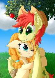 Size: 2000x2800 | Tagged: safe, artist:orangejuicerus, character:bright mac, character:pear butter, species:pony, ship:brightbutter, episode:the perfect pear, g4, my little pony: friendship is magic, clothing, cowboy hat, cute, hat, hug, pearabetes, smiling, stetson, tree