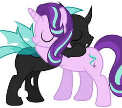 Size: 2137x1893 | Tagged: safe, artist:derphed, character:starlight glimmer, oc, oc:steel crescent, species:changeling, species:pony, species:unicorn, changeling oc, duo, fangs, happy, hug, request, simple background, smiling, white background
