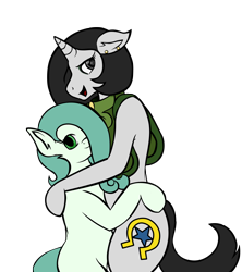 Size: 2000x2248 | Tagged: safe, artist:marcus todjel, oc, oc only, oc:emerald jewel, oc:joyride, species:earth pony, species:pony, species:unicorn, bipedal, clothing, colored, colt, colt quest, cutie mark, duo, ear piercing, earring, female, hug, jewelry, looking at you, male, mare, piercing, simple background, transparent background
