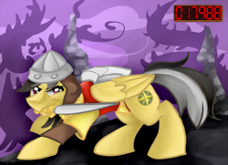 Size: 990x718 | Tagged: safe, artist:chromaflow, character:daring do, species:pony, crossover, dirk the daring, don bluth, dragon's lair, female, helmet, knife, mouth hold, solo