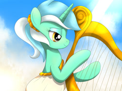 Size: 1024x768 | Tagged: safe, artist:fotasy, character:lyra heartstrings, species:pony, species:unicorn, clothing, female, lidded eyes, lyre, mare, smiling, solo, toga