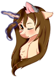 Size: 730x1045 | Tagged: safe, artist:enghelkitten, oc, oc only, oc:lu, species:pony, species:unicorn, bust, female, magic, mare, one eye closed, portrait, simple background, solo, transparent background, wink