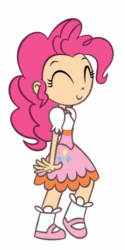 Size: 500x1000 | Tagged: safe, artist:chano-kun, character:pinkie pie, species:human, animated, clothing, dress, eyes closed, female, happy, humanized, no sound, simple background, skipping, solo, walking, webm, white background