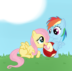 Size: 583x573 | Tagged: safe, artist:fluttershyfree, character:fluttershy, character:rainbow dash, ball, filly