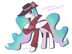 Size: 1024x768 | Tagged: safe, artist:extraluna, character:princess celestia, species:pony, episode:rarity investigates, g4, my little pony: friendship is magic, clothing, coat, female, hat, mare, simple background, smiling, solo