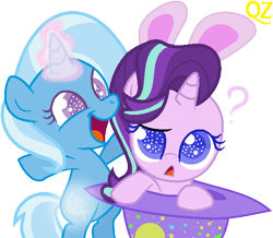 Size: 632x550 | Tagged: safe, artist:alexa1alexa, artist:queenzodiac, base used, character:starlight glimmer, character:trixie, species:pony, species:unicorn, :<, bipedal, bunny ears, clothing, colored pupils, confused, cute, cutie mark, diatrixes, duo, female, filly, filly starlight glimmer, filly trixie, glimmerbetes, glowing horn, happy, hat, magic, open mouth, question mark, raised eyebrow, simple background, smiling, starry eyes, time paradox, transparent background, trixie's hat, wingding eyes, younger