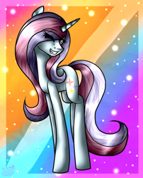 Size: 812x1005 | Tagged: safe, artist:lada03, oc, oc only, species:pony, species:unicorn, female, grin, looking at you, mare, one eye closed, rainbow background, smiling, solo, wink