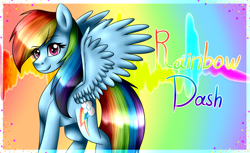 Size: 1600x978 | Tagged: safe, artist:lada03, character:rainbow dash, species:pegasus, species:pony, female, looking at you, mare, rainbow background, smiling, solo, spread wings, wings