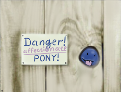 Size: 604x460 | Tagged: safe, artist:rupony, character:princess luna, species:alicorn, species:pony, :3, affection, blep, cute, female, fence, lunabetes, mare, muzzle, ponified animal photo, sign, silly, solo, tongue out, warning sign