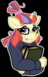 Size: 801x1280 | Tagged: safe, artist:halcy0n, character:moondancer, species:anthro, species:pony, species:unicorn, adorkable, black background, book, clothing, cute, dancerbetes, dork, female, glasses, grin, looking at you, mare, simple background, smiling, solo, sweater