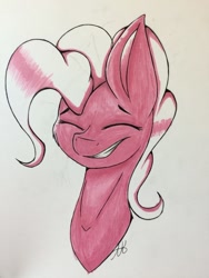 Size: 1024x1365 | Tagged: safe, artist:pinkdolphin147, character:pinkie pie, species:pony, bust, copic, eyes closed, female, marker drawing, portrait, simple background, smiling, solo, traditional art, white background