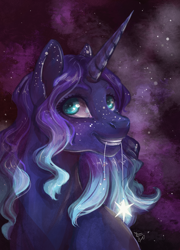 Size: 1150x1600 | Tagged: safe, artist:alina-sherl, oc, oc only, species:pony, species:unicorn, female, gradient hair, mare, mouth hold, smiling, solo, stars