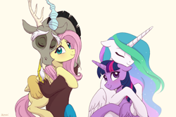 Size: 1300x866 | Tagged: safe, artist:akeahi, character:discord, character:fluttershy, character:princess celestia, character:twilight sparkle, character:twilight sparkle (alicorn), species:alicorn, species:pony, ship:discoshy, ship:twilestia, blushing, cute, discute, eyes closed, female, floppy ears, hug, lesbian, looking back, male, shipping, simple background, smiling, straight