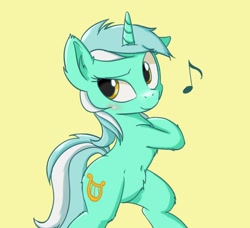 Size: 570x520 | Tagged: safe, artist:mingy.h, character:lyra heartstrings, species:pony, belly button, bipedal, blushing, chest fluff, cute, dancing, dreamworks face, ear fluff, female, fluffy, leg fluff, looking at you, lyrabetes, music notes, pubic fluff, simple background, solo