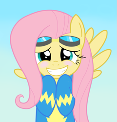 Size: 657x683 | Tagged: safe, artist:fluttershyfree, character:fluttershy, species:pegasus, species:pony, blushing, female, goggles, gradient background, hooves to the chest, looking at you, mare, smiling, solo, wonderbolts uniform, wondershy