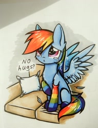 Size: 3145x4109 | Tagged: safe, artist:dark lightning, character:rainbow dash, species:pegasus, species:pony, :<, cheek fluff, chest fluff, clothing, crying, cute, dashabetes, dialogue, ear fluff, feather, female, hnnng, hug request, hugs needed, looking up, mare, pillow, rainbow socks, raised hoof, sad, shoulder fluff, sitting, socks, solo, spread wings, striped socks, wings