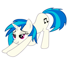 Size: 2415x1855 | Tagged: safe, artist:luckysmores, character:dj pon-3, character:vinyl scratch, species:pony, species:unicorn, exploitable meme, female, iwtcird, mare, scrunchy face, simple background, solo, stretching, transparent background