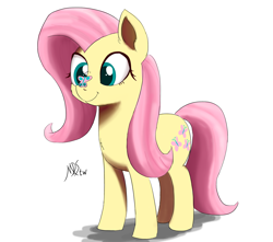 Size: 2500x2209 | Tagged: safe, artist:j24262756, character:fluttershy, species:earth pony, species:pegasus, species:pony, g4, butterfly, butterfly on nose, cross-eyed, cute, earth pony fluttershy, female, insect on nose, looking at something, mare, race swap, shyabetes, simple background, smiling, solo, standing, white background, wingless