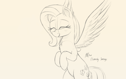 Size: 1024x643 | Tagged: safe, artist:j24262756, edit, character:fluttershy, species:pegasus, species:pony, cute, eyes closed, female, mare, monochrome, shyabetes, simple background, sketch, smiling, solo, traditional art