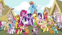Size: 3500x2000 | Tagged: safe, artist:arteses-canvas, character:apple bloom, character:applejack, character:big mcintosh, character:carrot cake, character:cup cake, character:fluttershy, character:granny smith, character:mayor mare, character:pinkie pie, character:rainbow dash, character:rarity, character:scootaloo, character:snails, character:snips, character:spike, character:starlight glimmer, character:sweetie belle, character:twilight sparkle, character:twilight sparkle (alicorn), character:zecora, species:alicorn, species:dragon, species:earth pony, species:pegasus, species:pony, species:unicorn, species:zebra, cutie mark crusaders, intro, mane seven, mane six, ponyville, scene interpretation, theme song, uncanny valley