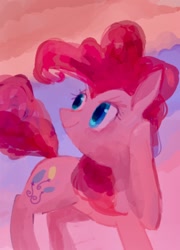 Size: 880x1222 | Tagged: safe, artist:twico, character:pinkie pie, species:earth pony, species:pony, abstract background, female, hoof on cheek, looking away, mare, raised hoof, smiling, solo